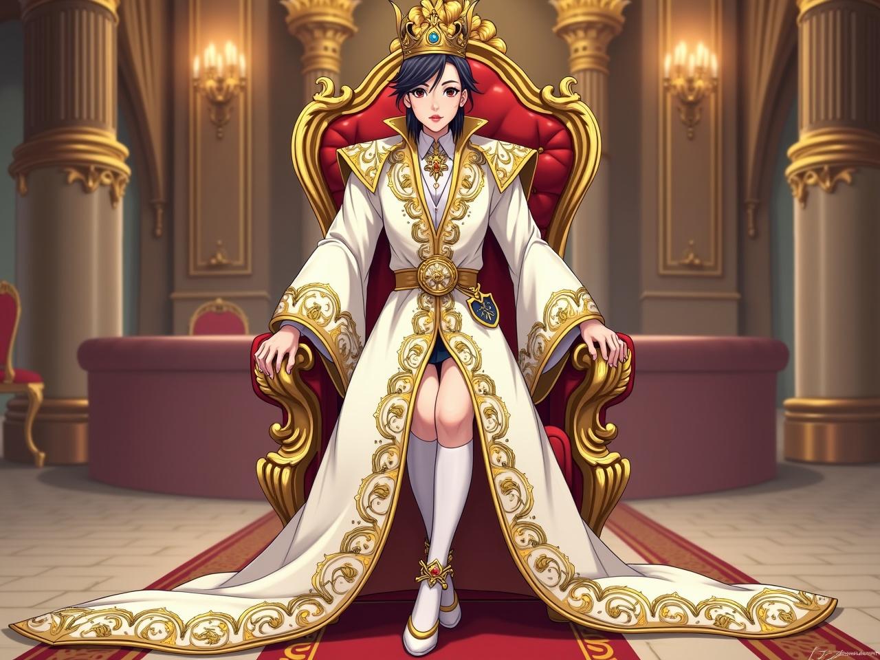 A cartoon drawing of a character wearing royal fancy clothing. The clothing includes a luxurious robe adorned with intricate designs, golden embroidery, and gemstones. The character has a regal posture, with one hand resting on a throne. The background features a lavish castle interior with ornate decorations and elegant furniture. The character's outfit is complemented by an elegant crown and stylish footwear, enhancing the royal look.