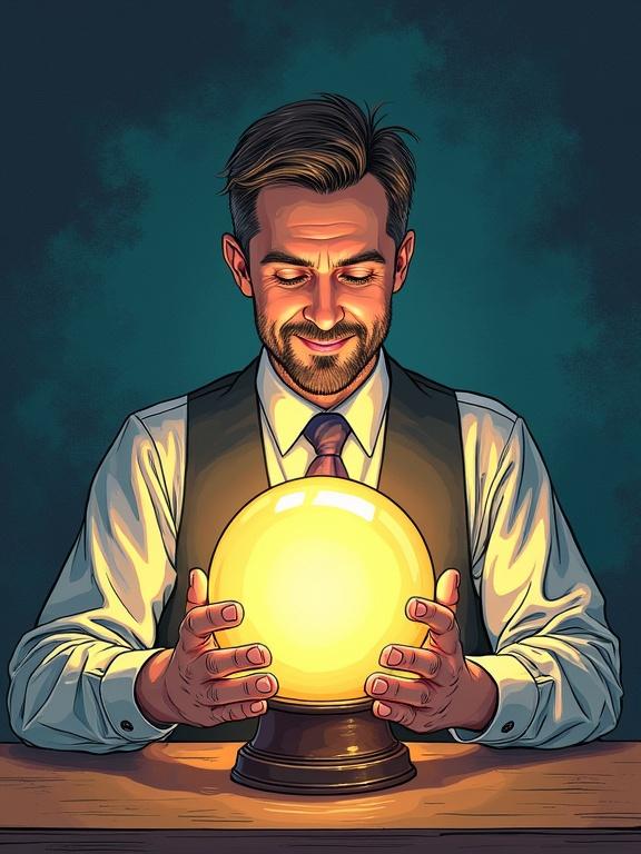 Illustration of a person with a glowing crystal ball. The person wears a suit and displays an optimistic expression. Focus on the crystal ball that symbolizes future predictions. A mystical and professional atmosphere is created.
