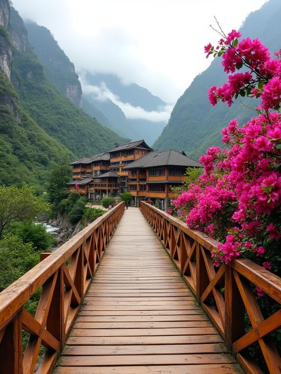 Wooden bridge spans lush valley surrounded by vibrant flowers. Mountains rise steeply in background with mist atop peaks. Traditional buildings nestled in the green landscape. Scenic and tranquil atmosphere captures natural beauty.