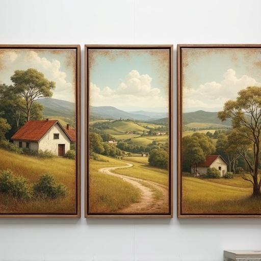 Vintage triptych of Australian landscapes shows rustic farmhouses, rolling hills, and cottages. Each panel appears slightly weathered with soft earthy tones. Brushstrokes are visible, giving an antique look. Ideal for French country decor displayed on a clean background.