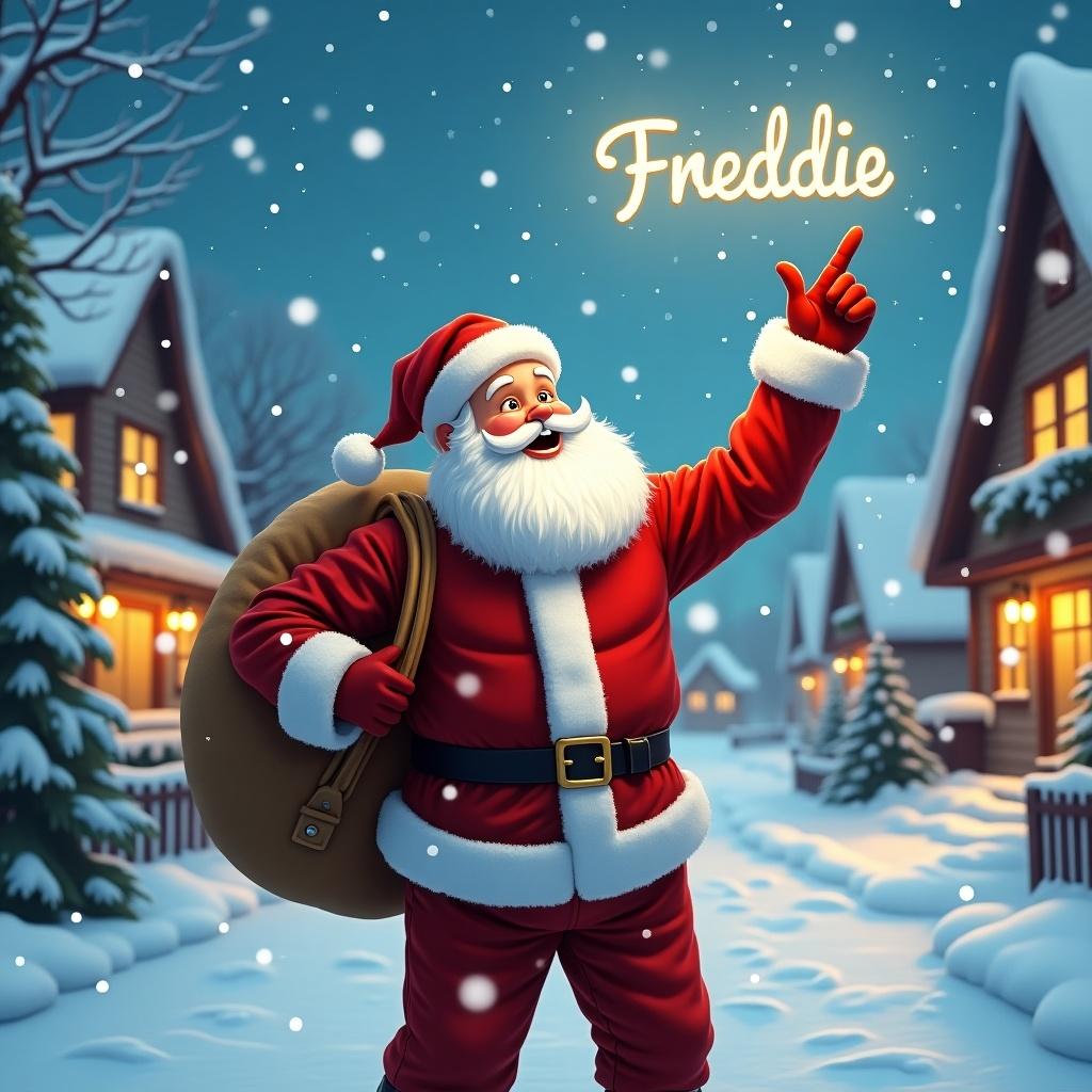 In a snowy village, Santa Claus stands happily. He wears his traditional red suit and has a big bag slung over his shoulder. Santa is pointing up at the sky, where the name 'Freddie' is magically written. Snowflakes gently fall around him, adding to the festive atmosphere. Cozy homes with warm lights can be seen in the background, enhancing the holiday spirit.