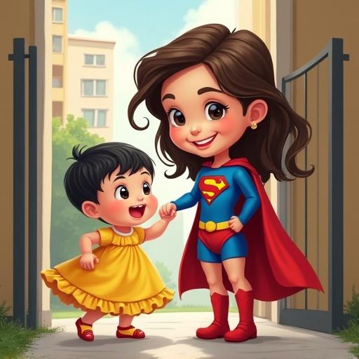 Caricature style featuring a 6-year-old girl with light brown hair in a superhero costume. She is saving a 1-year-old baby with medium-length black hair in a yellow dress. The scene shows a house gate closing, emphasizing safety.