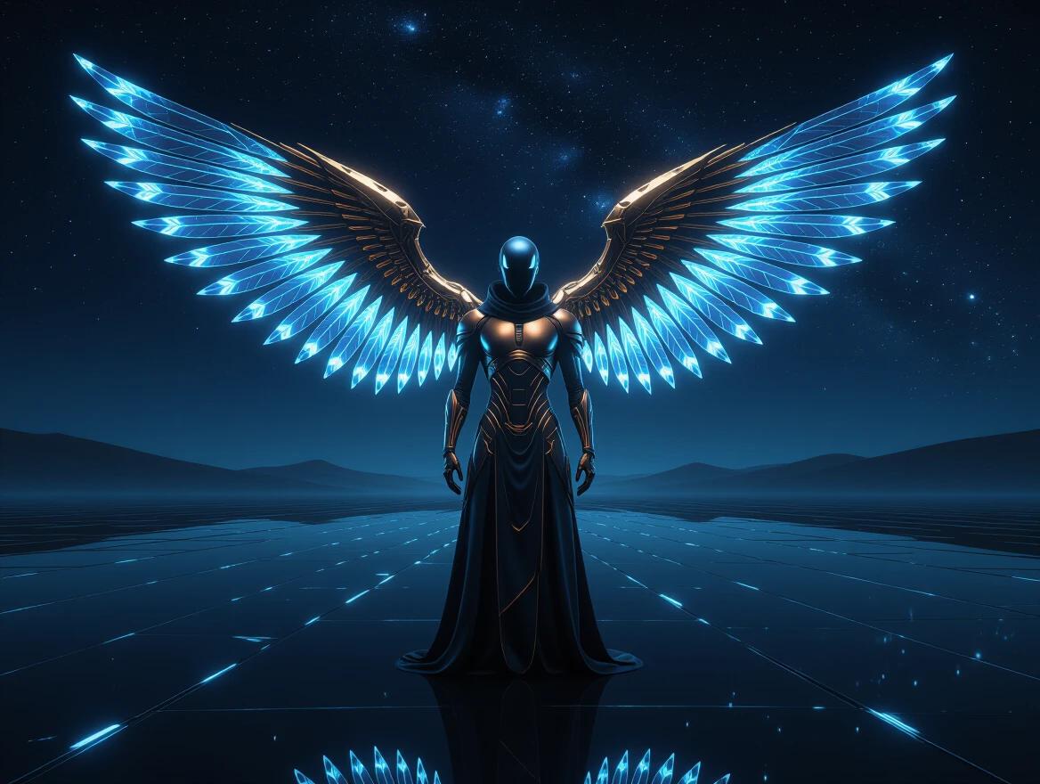 Futuristic monk-like figure in a mirror-like obsidian desert under a night sky. Synthetic body made of bronze-gold alloy and ceramic plating. Open mechanical wings of iridescent feathers. Smooth expressionless face with luminous eyes. Floating micro-drones around its head. Asymmetrical robe of kinetic fabric. Digital sand particles at the feet. Distant alien monoliths in the background. High-end camera quality with ultra-photorealistic details.