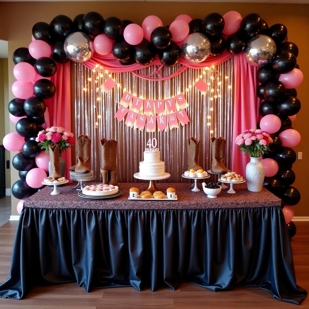 Decor for a 40th Disco Cowgirl Rodeo Birthday Party. Features silver, black, and pink tones. Includes cowboy boots, hats, disco balls, lights, and flowers. Food and cake table featured with centerpieces and photo booth present.