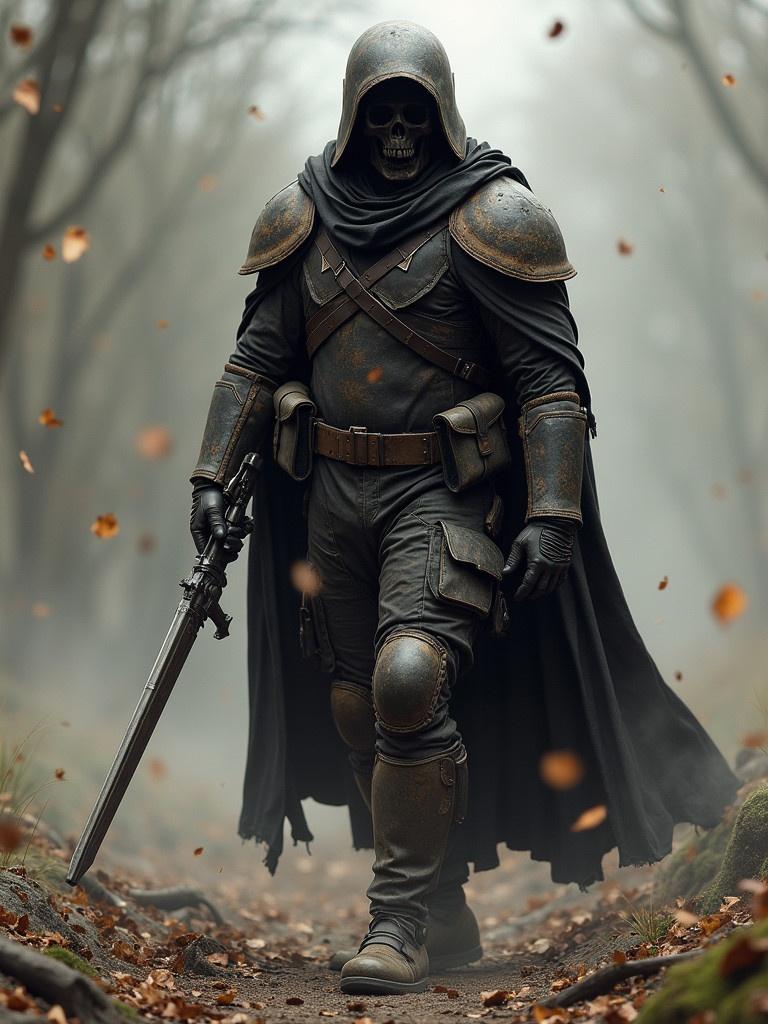 A cloaked soldier stands tall in a misty forest. The soldier wears full armor and carries a sword. Leaves are scattered around and a mysterious atmosphere surrounds the scene. Natural forest setting enhances the dramatic feel.