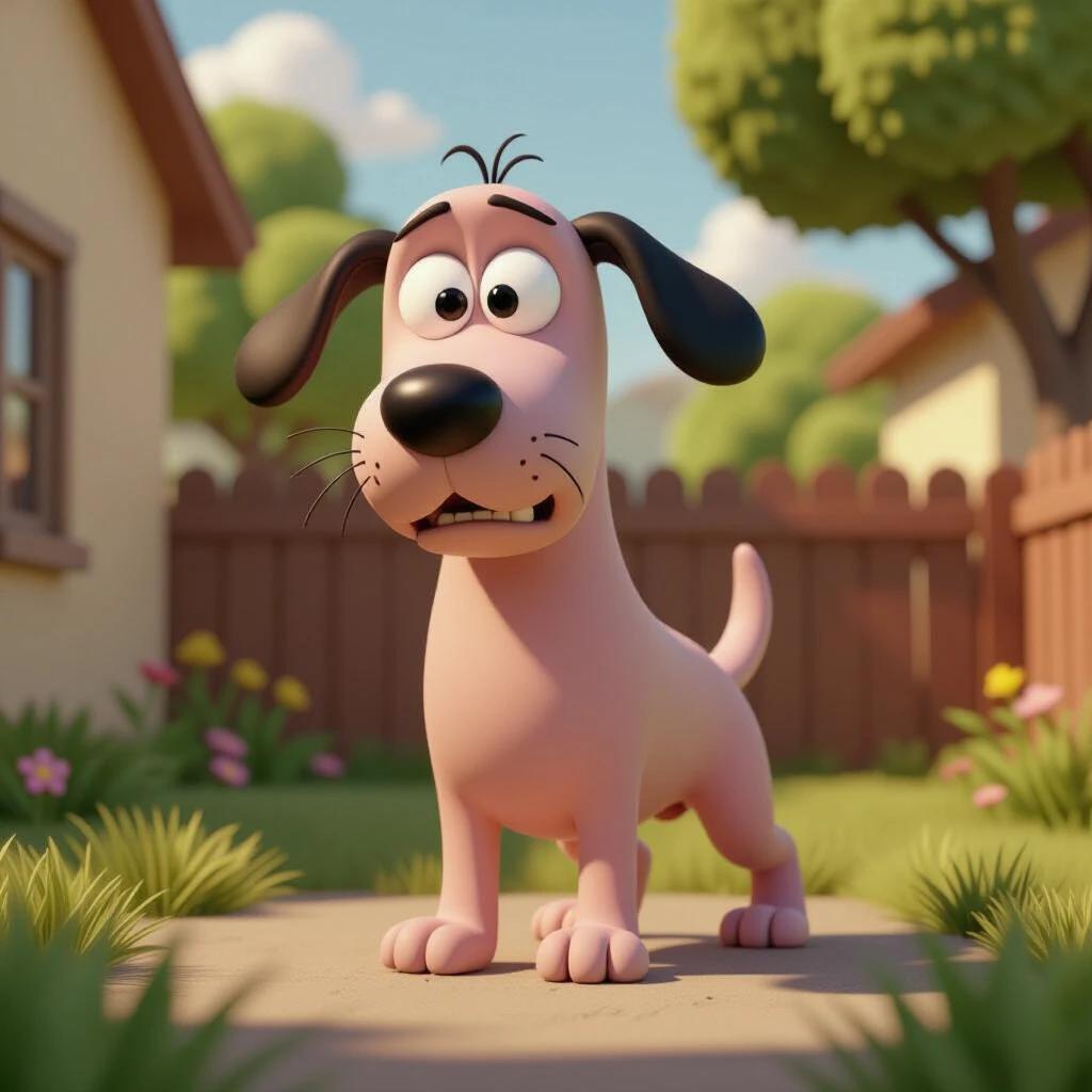 A Pixar-inspired 3D cartoon render of a stylized, cartoonish dog in a backyard. The character is Courage the Cowardly Dog with an oversized head and light pink body. He expresses extreme fear with wide eyes and a grimace. The background includes a simple grassy area and wooden fence. The overall style is vibrant with a realistic cartoon texture.