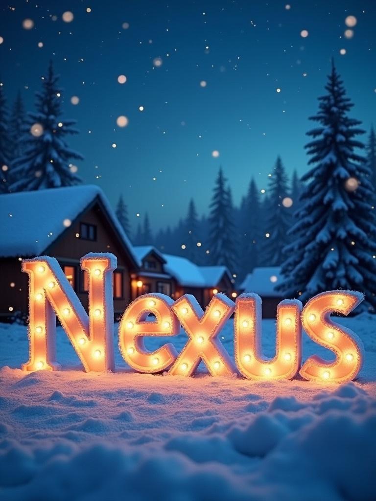 A snowy scene features illuminated text that reads 'Nexus'. Snowflakes fall gently. A blue night sky is dotted with sparkling stars. Warm light emanates from cozy cottages in the background. The scene evokes festive joy and creativity.