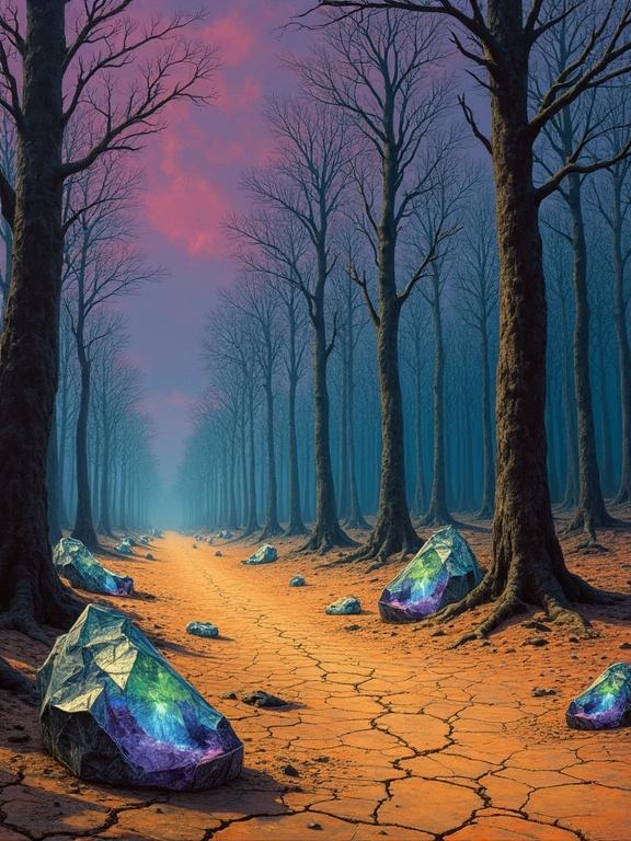 A surreal landscape painting featuring skeletal trees and bizarre crystalline formations. The sky is violet. The ground is cracked ochre. The scene feels isolated and mysterious. The lighting is dramatic. The overall mood is unsettling yet captivating.