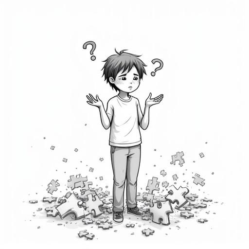 Confused figure stands amid broken puzzle pieces. Arms raised in shrug. Tear on cheek. Floating question marks. Hair and clothes blown by breeze. Black and white line art with thick outlines.