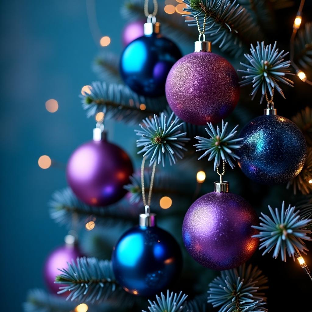 Christmas tree with decorations. Baubles in cyan, magenta, blue and purple colors. Soft lighting creating a festive atmosphere.