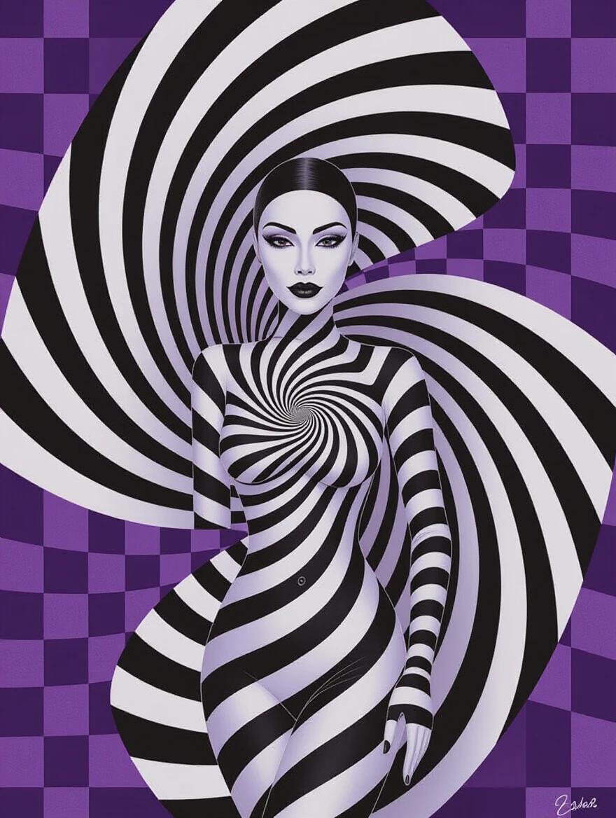 Digital art featuring an optical illusion of a woman's body in a striped catsuit. Stripes create a swirling pattern. Background consists of large purple and gray checkered patterns. The design evokes movement and depth.