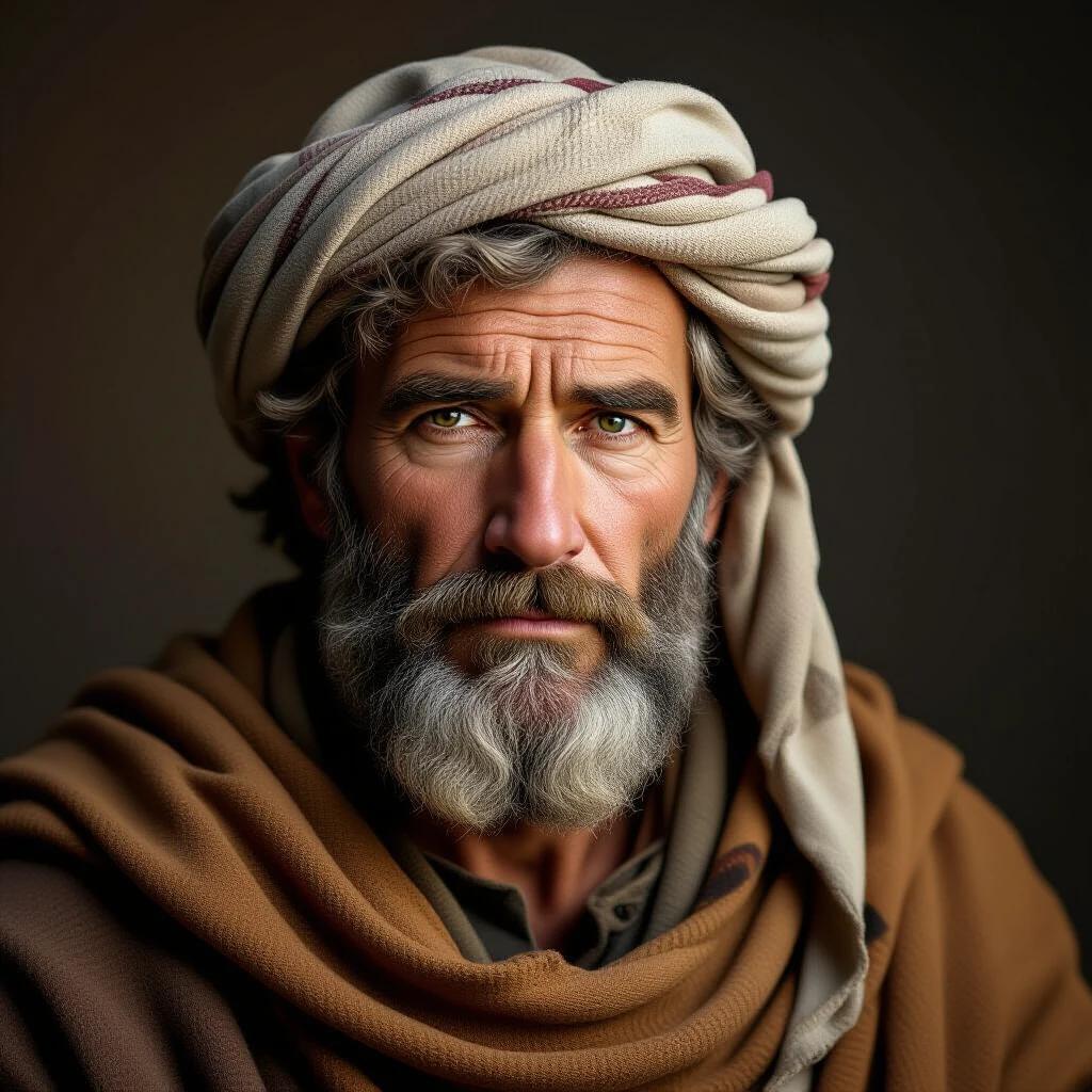 Depiction of Jacob a character from the Bible portrayed in full view. The image shows him from head to toe. The style is hyper-realistic and aims for an 8K quality.