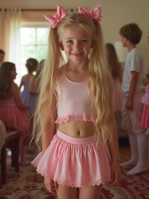 A young girl with long blonde hair styled in pigtails wearing pink bows stands in a living room. The scene depicts a crowded birthday party with girls dressed in similar skirt outfits. The girl has a slim waist and a cheerful smile, showcasing an innocence and joy associated with childhood moments. Other children are visible in the background, engaged in activities, while a colorful rug is placed on the floor.