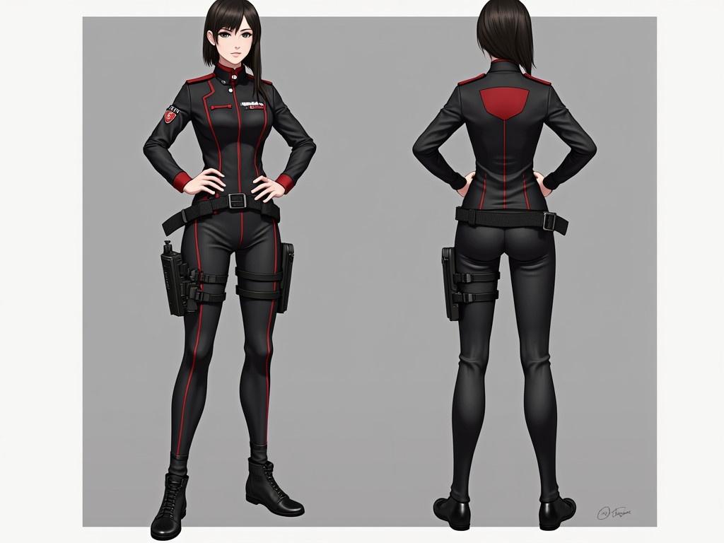 The character is wearing a military-style uniform consisting of black fabric with red accents, featuring a high collar and a fitted silhouette. The uniform's texture has been enhanced to appear more realistic, resembling tactical gear with proper stitching and detailing. Her stance is confident, with hands placed on her hips, and the proportions of her body are adjusted for a more natural look. The belt holds a sheathed weapon, which looks authentic and detailed, complementing the modern aesthetic of the uniform. The background is simple and unobtrusive, allowing the focus to remain on the character and her attire.