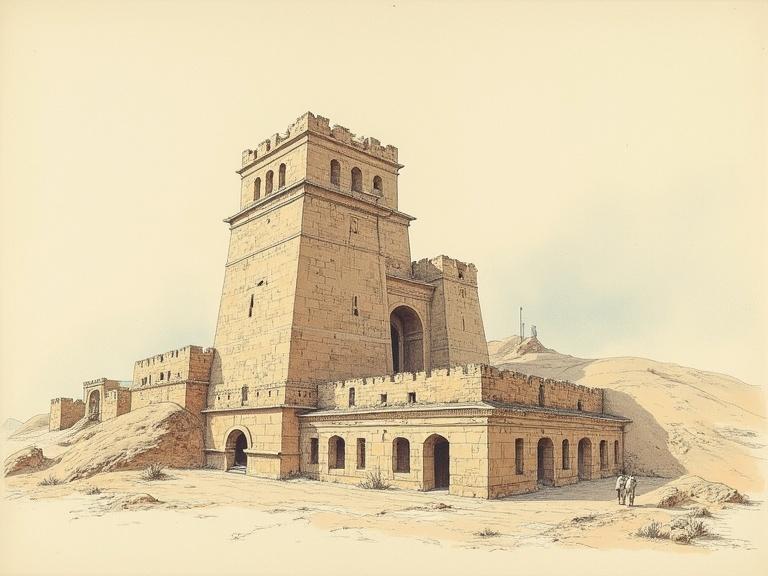 Architectural drawing features an ancient Egyptian structure resembling the Sphinx with elevation and section views included. The drawing presents the details of the architecture in a historic context. The setting showcases a desert landscape with minimal vegetation.