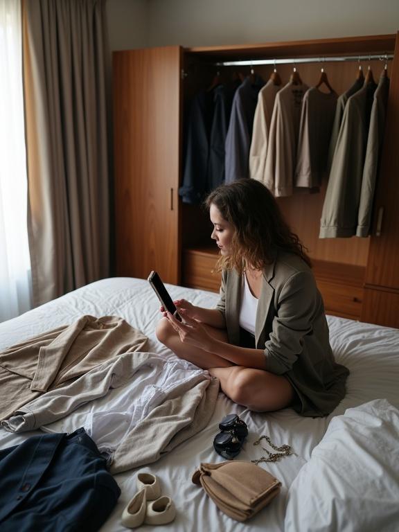Organized bedroom with natural light. Person sitting on bed looking at phone screen with AI outfit app. Surrounded by clothing pieces like blazers shirts accessories. Open wardrobe in background.
