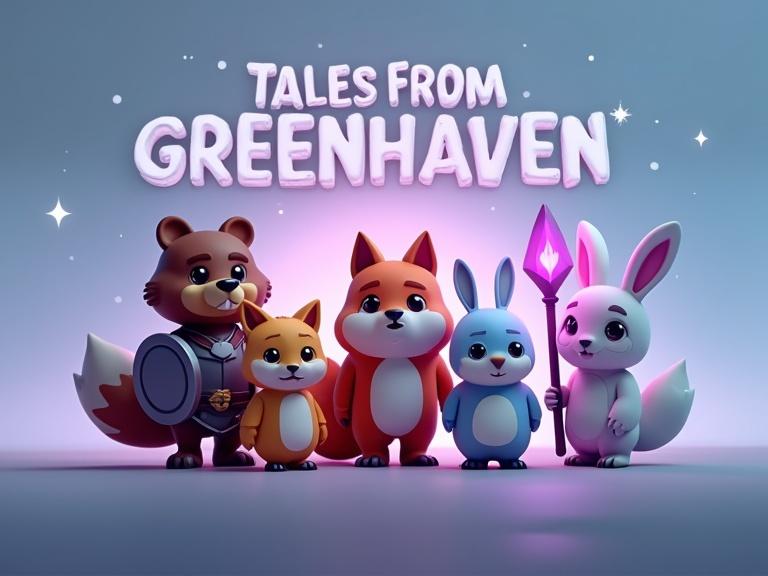 Wide YouTube banner featuring bold modern text 'Tales from Greenhaven' at the center. 3D animated animals including a bear in armor with a shield fox with a bow an owl with a purple glowing staff a rabbit with a white glowing staff. Animals are in a circle with glowing pixel effects against a pastel blue and purple gradient background with subtle futuristic accents.