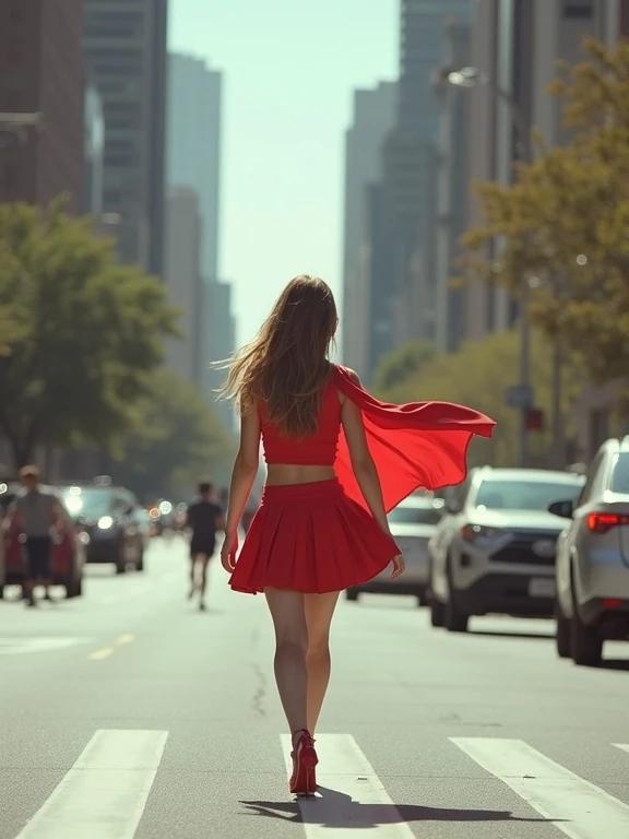 Full body shot of a girl crossing a busy city street. She wears a red crop top and micro skirt. Hair flows in the wind. The street is alive with cars and people. Bright day, urban setting. Red heels accentuate the outfit. Suggests confidence and youthfulness. Pixelation and soft edges are visible.