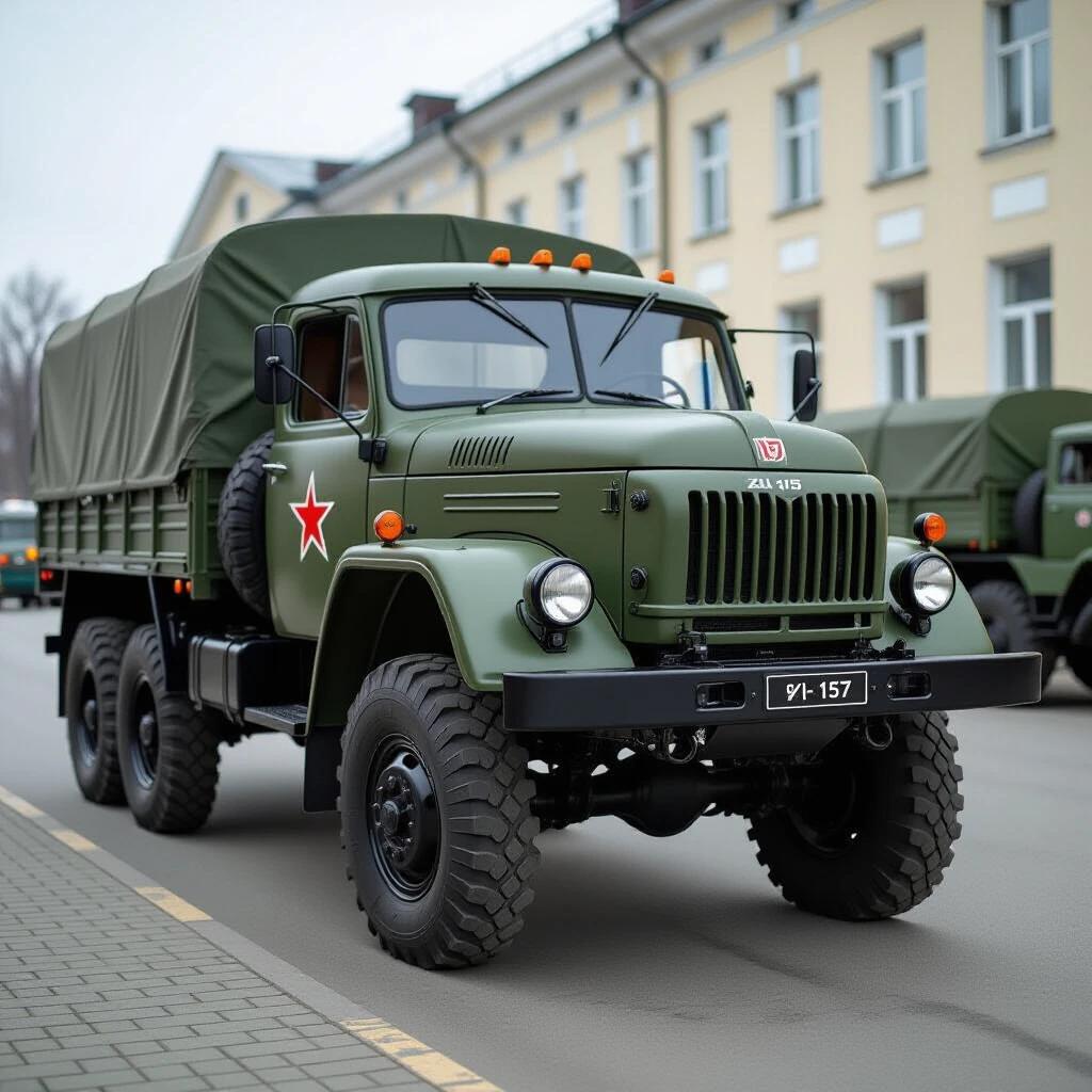 Massive Soviet ZIL-157 military truck showcased in a street. Truck features green body and iconic red star. Background includes other military vehicles with soft daylight.