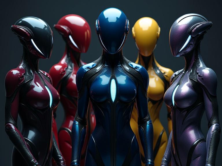Group of young individuals wearing sleek smooth iridescent bio armors with organic bug helmets. The armors are shiny with deep wavy lines and oval shapes fused to skin. The figures are diverse in color and style, featuring red, blue, yellow, black, and light purple. The background is dark with subtle reflections and shadows enhancing the armors' details.