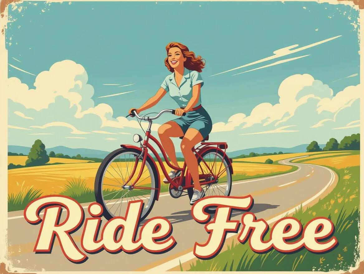 A vintage poster design features a smiling woman on a bicycle. The background includes a countryside road with fields. The words 'Ride Free' curve along the bottom in retro lettering.