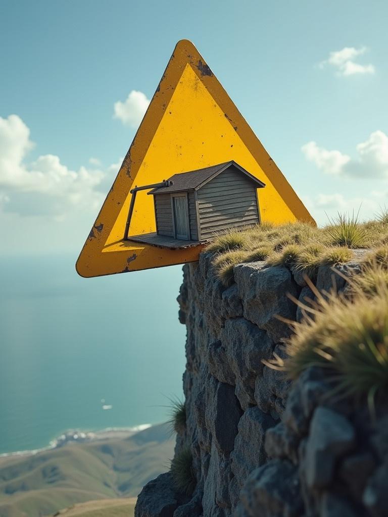 Yellow triangle sign with shed image set on cliff overlooking ocean. The shed is depicted as falling off the cliff in a striking juxtaposition.