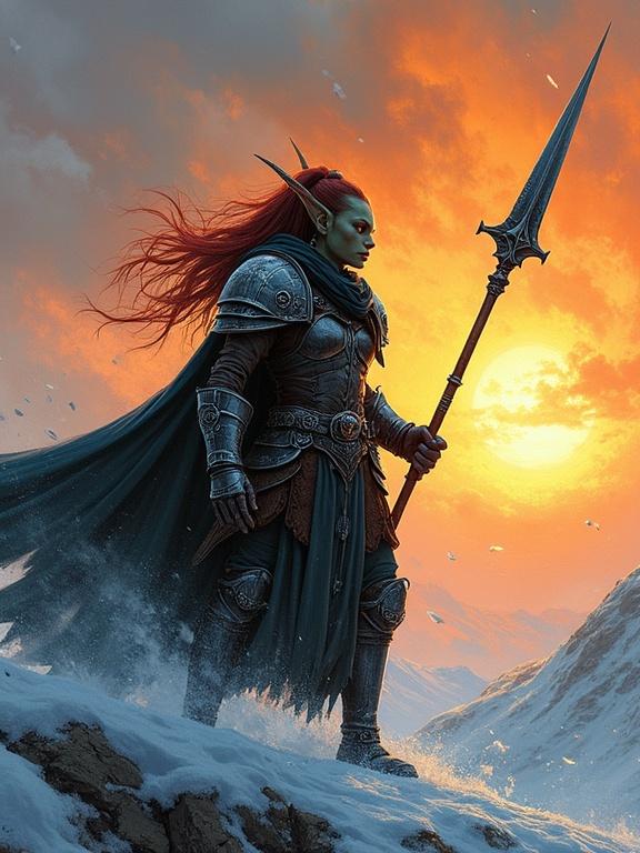 A female goblin fighter stands confidently holding a spear. She is clad in heavy armor that shows her strength. The scene captures a dynamic sunset lighting creating a dramatic atmosphere. Ice and snow surround her as she blows a cold breeze. The composition features strong shadows and realistic proportions while using vibrant colors.