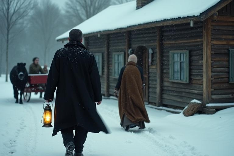 Man walks in snow toward a wooden house carrying a lantern. The background features a family sitting in a cart. His coat flutters in the wind. Snow muffles sounds. The scene is serene and quiet.