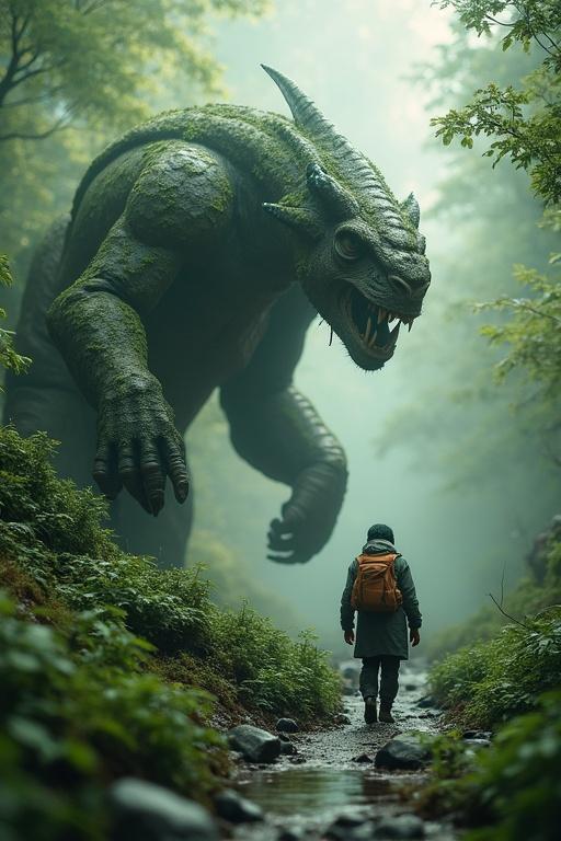 A large moss-covered creature looms over a person in a forest setting. The scene captures a sense of wonder and caution. The forest is dense and misty, suggesting an otherworldly environment. The human figure stands small and determined, gazing at the creature.