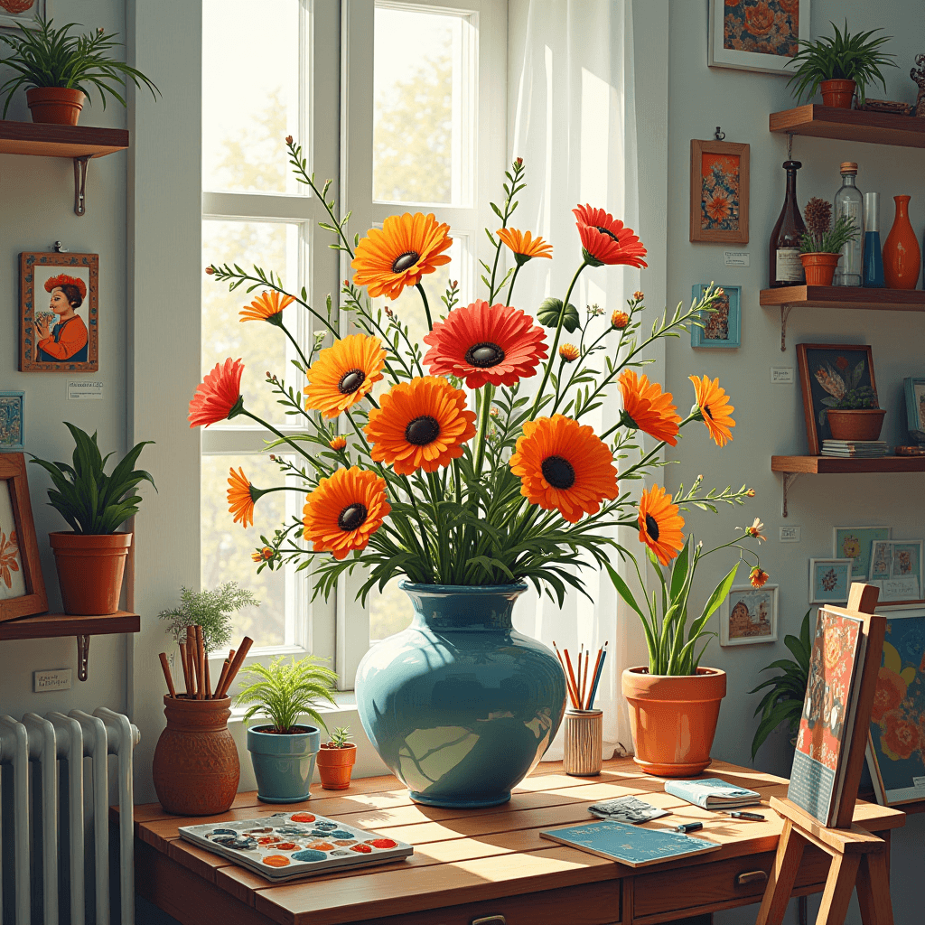 A table in a sunlit room holds a large blue vase with colorful gerbera daisies surrounded by art supplies and potted plants.