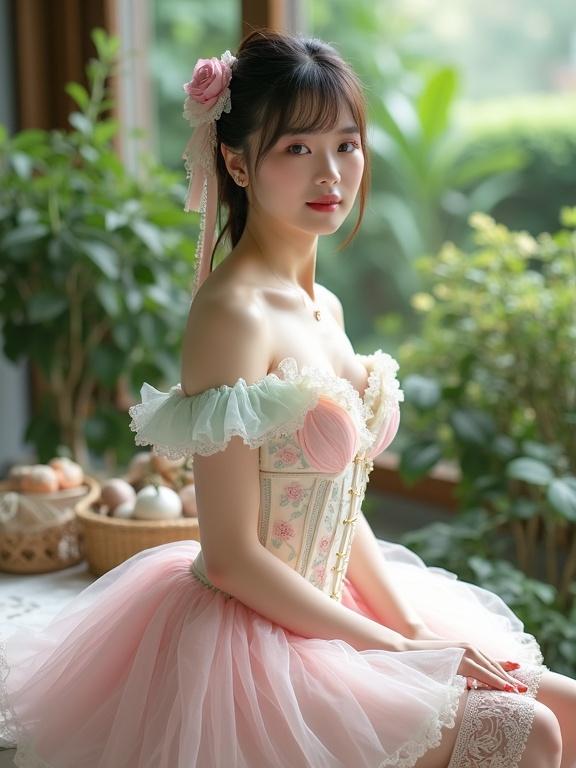 Full body shot of a lady wearing pastel-colored frilly outfit. Corset top with lace and frills. Shades of pink, cream, and mint. Off-the-shoulder design. Vintage fairytale vibe. Model serene expression. Soft natural light highlights frills and lace. Setting with greenery around.