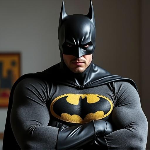 Batman in pajamas. Displaying a strong pose. Iconic black and yellow costume. Soft dramatic lighting. Eye level perspective.