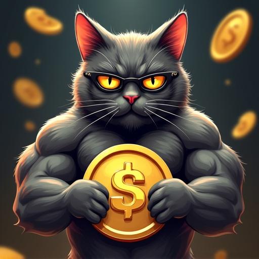 Muscular cat with serious expression holding a money coin. Dark shades on eyes. Gold coins around the cat. Gym background elements visible.