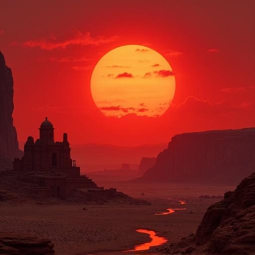 Desert panorama showing ancient ruins. Sunrise casts a vibrant red hue across the landscape. The scene captures the beauty of the natural environment and historical architecture.