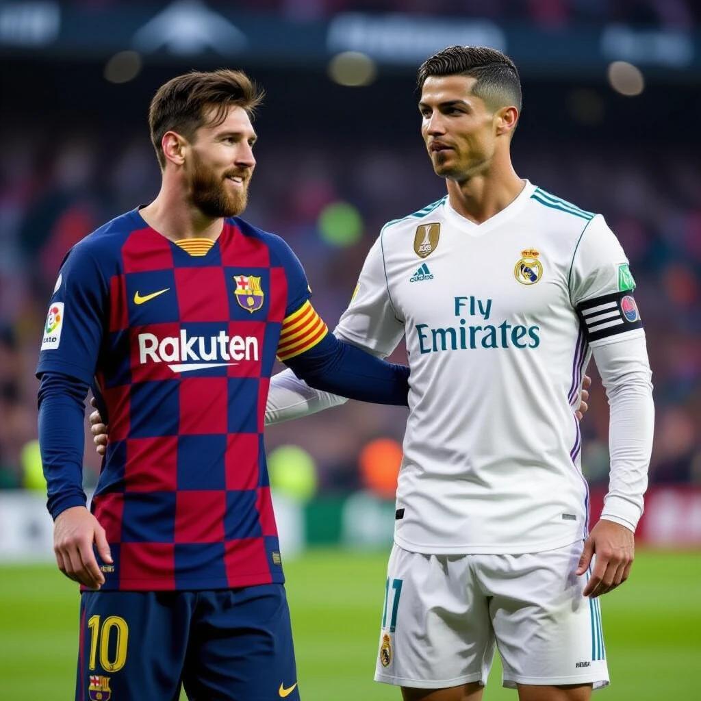 Two famous football players stand together on the field. They wear their respective team jerseys. One player has the Barcelona logo. The other player wears the Real Madrid logo. They appear friendly and respectful. The background shows a football stadium.