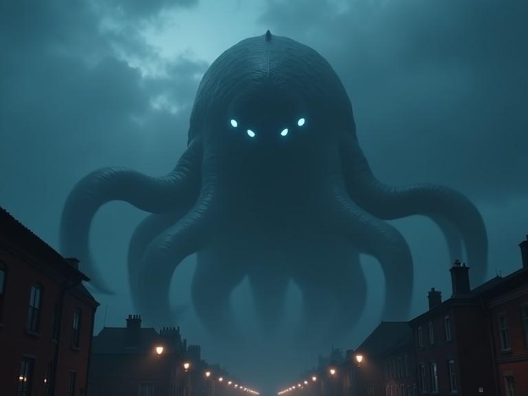 Dark cinematic view looking up at a large-scale creature in the sky. Black and sleek body with smooth tentacles. Round head with glowing eyes emerging from thick fog above a town. Realistic details and atmospheric effects.