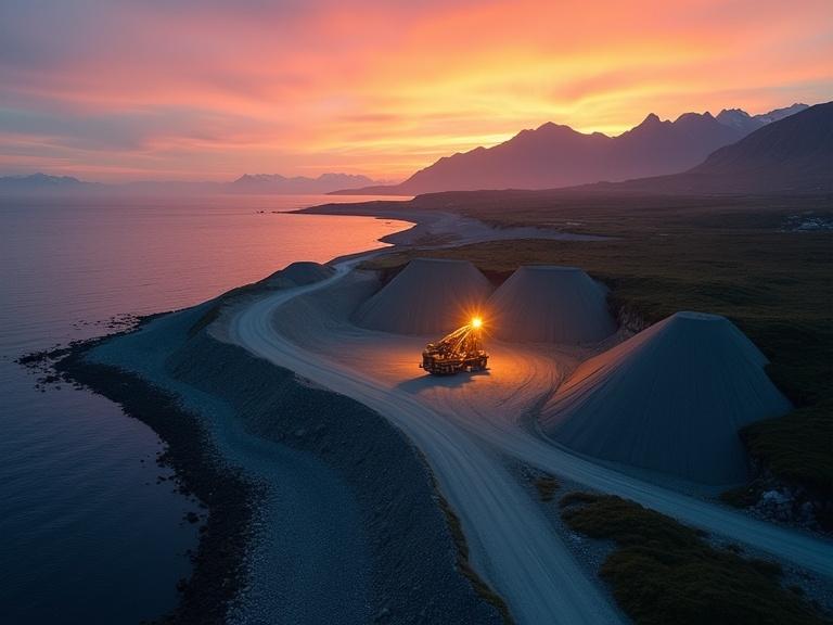 Aerial drone photograph taken at golden hour showing a coastal quarry in Northern Norway. Features massive gravel piles and a rock-crushing plant illuminated by work lights. Background includes ocean and mountains. Atmospheric haze present. Sky exhibits dramatic orange and indigo colors. Ultra-realistic and cinematic lighting.