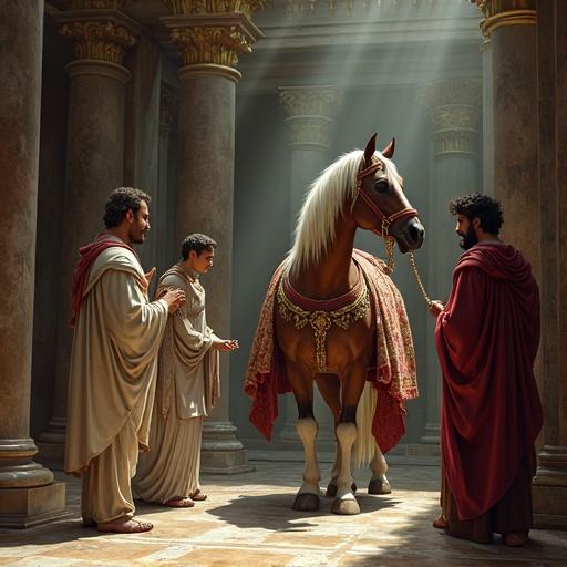 Dark Anime cartoon style. Lavish stable of Incitatus. Horse in marble stall inside palace grounds. Richly embroidered blanket and ivory collar. Polished ivory manger and golden chains. Servants with reverent expressions. Dim lighting with shafts of light illuminating dust particles. Captures irony and excess with muted tones and heavy shadows.