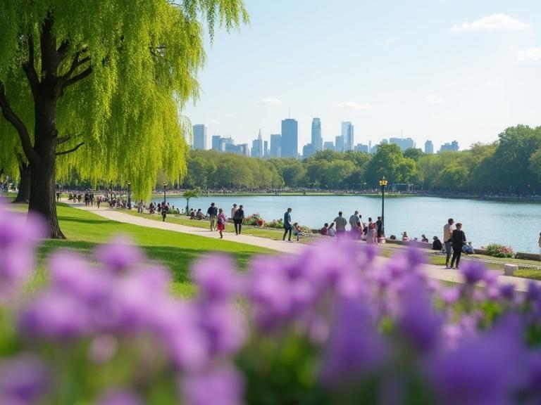 Photograph depicts a park with purple flowers in the foreground and a city skyline in the background. A large green tree is on the left. People are walking and sitting on a path beside a lake with a calm reflection. The scene is set on a bright day with vibrant colors and a peaceful atmosphere.