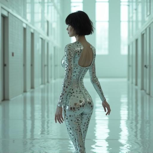 A cute Japanese woman wears a metallic bodysuit. She is dancing and looking back. Her hair is in a short wavy bob. The setting has mirrored walls and a water-covered floor. The space feels bright with a seamless design.