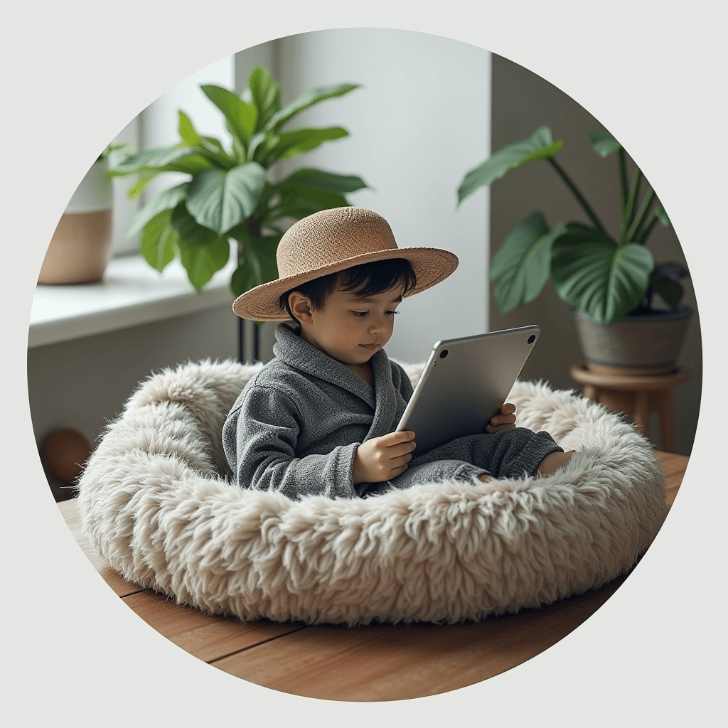 A young child wearing a hat and cozy robe focuses intently on a tablet while seated in a fluffy pet bed.