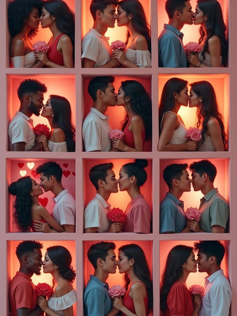 A hyper-realistic collage showcases diverse couples inside boxed frames. Couples celebrate love with affection through hugging and holding hands. Young, middle-aged, elderly couples represent various ethnicities and races including Black, Asian, White, Latino, Middle Eastern, Indigenous, and interracial couples. The aesthetic features soft pink and red tones along with glowing hearts and roses. Lighting is warm and realistic with detailed expressions depicting pure love and joy.