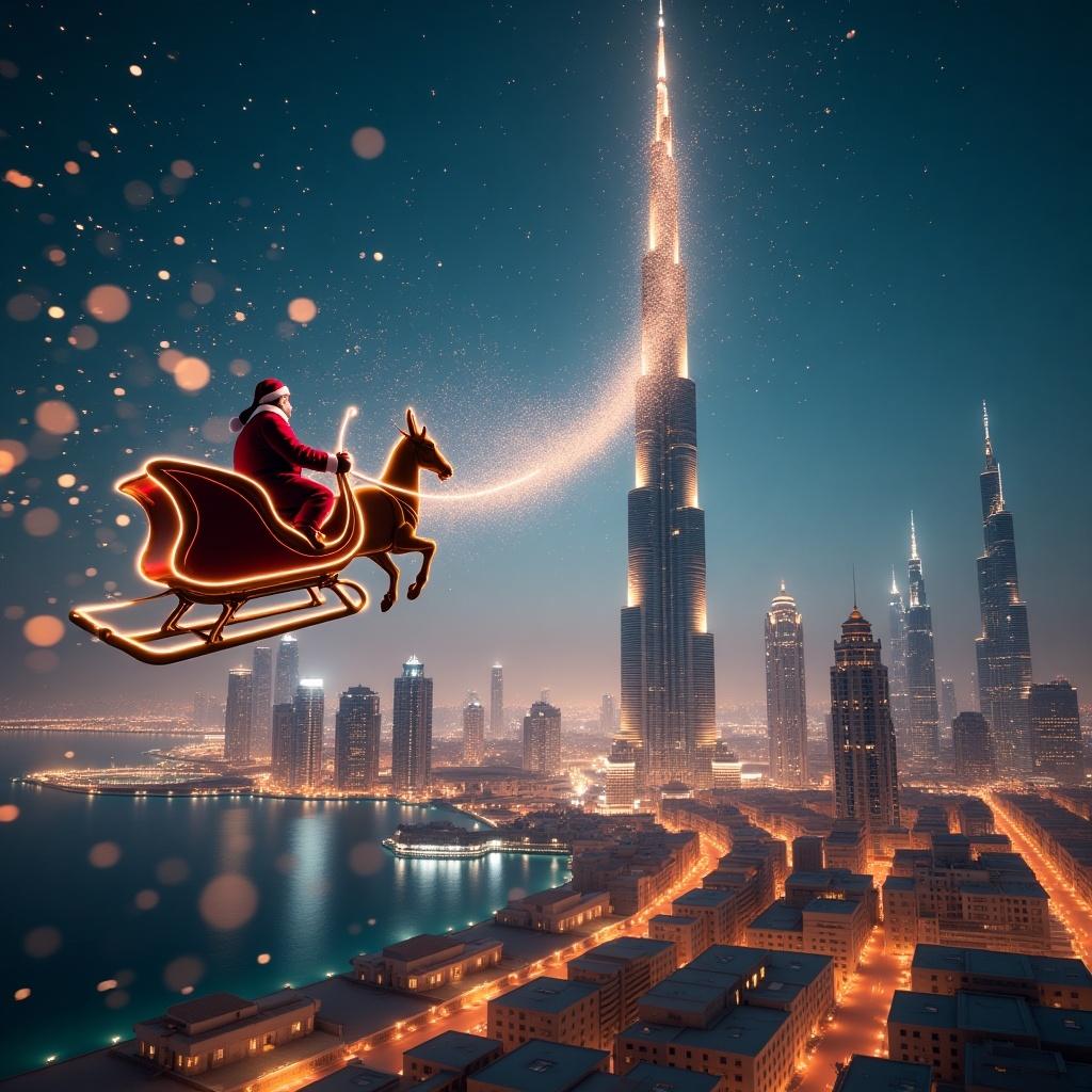 Create a magical holiday scene featuring Santa flying over Burj Khalifa in Dubai. Include a trail of sparkles transforming into BIM models.