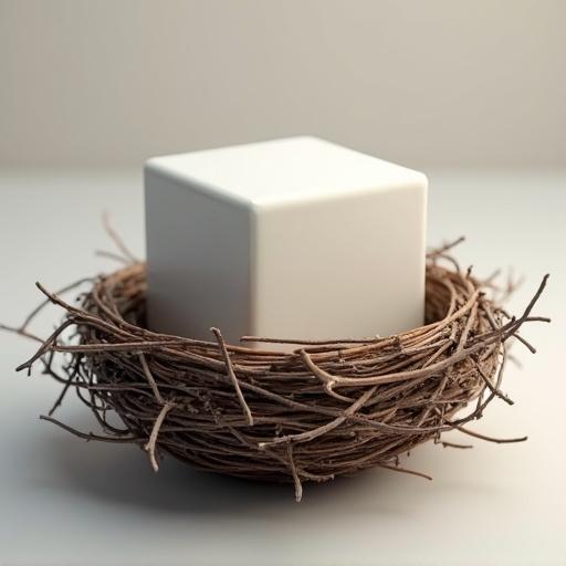 A stylized cube sits in a twig nest. The cube has a smooth white surface. The nest looks natural and organic. The scene has a peaceful ambiance. Suitable for representing storage concepts.