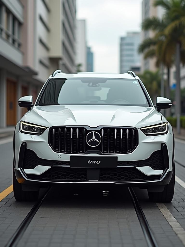 Front view of a luxury SUV. The vehicle appears shiny and well-maintained. Background consists of a city street with modern buildings. Road texture visible. Soft lighting highlights the car's details.