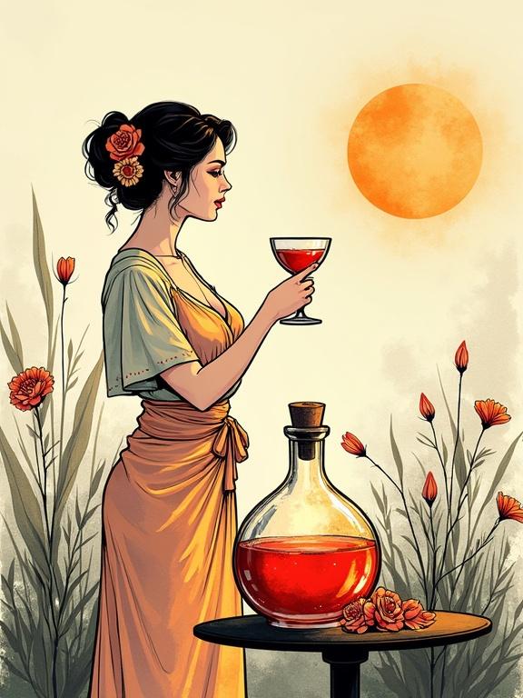 A stunning illustration featuring a woman toasting with a cocktail. She wears a silky boho-style blouse and a wrap-skirt. The background includes wildflowers and herbs. A prominent spirit bottle filled with reddish liqueur and a tag labeled 'ALFRUNO' is placed in the foreground. The atmosphere is peaceful with a golden sun shining.