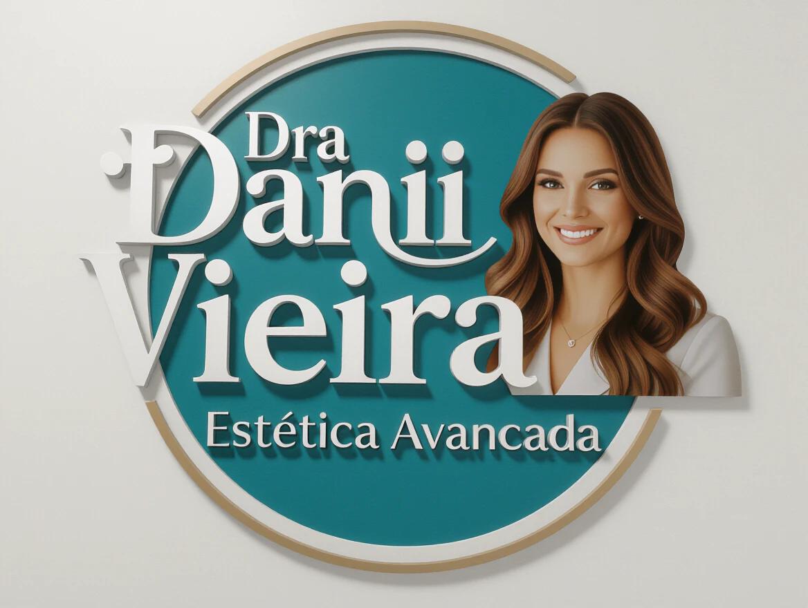 Logo design for aesthetics clinic featuring text Dra Danii Vieira Estética Avançada with a stylized woman illustration. Clean and modern look with teal and gold colors.
