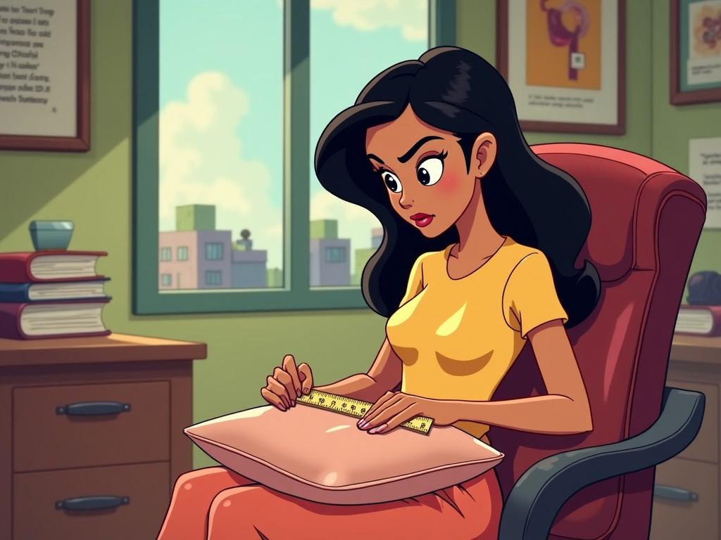 The image features a Disney-style illustration of a woman sitting in an office chair. She has long black hair, wearing a yellow shirt and pink pants. In her lap lies a cushion, which she is measuring with a ruler, displaying an intense focus. The setting includes a desk cluttered with books and framed pictures on the wall. The lighting is bright, creating a warm and inviting atmosphere. The overall mood conveys creativity and concentration as she works on her project.