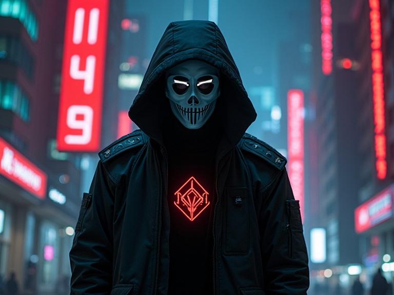A figure wearing a black tactical jacket stands in a cyberpunk city at night. The figure has a white mask with a glowing red emblem. The background features red holographic numbers and bright cyan windows. The scene uses dramatic lighting and strong contrasts.