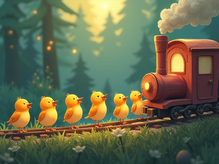 Animation features nine small birds singing alongside a train in a vibrant forest setting.